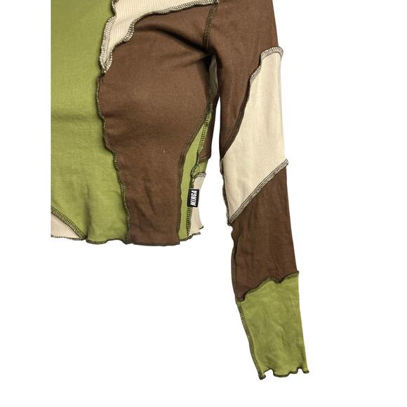 Minga London Green Brown Patchwork Lettuce Hem Long Sleeve Crop Top Size X-Small - Picture 3 of 5
